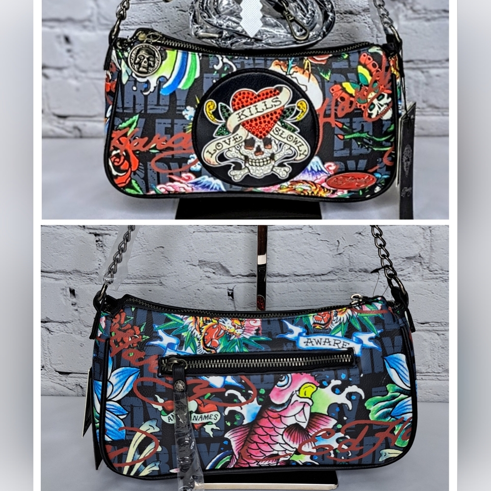 ED HARDY Y2K CROSSBODY BAGʻ ADJUSTABLE SHOULDER STRAP 'SKULL HEART & ROSE GRAFIT
